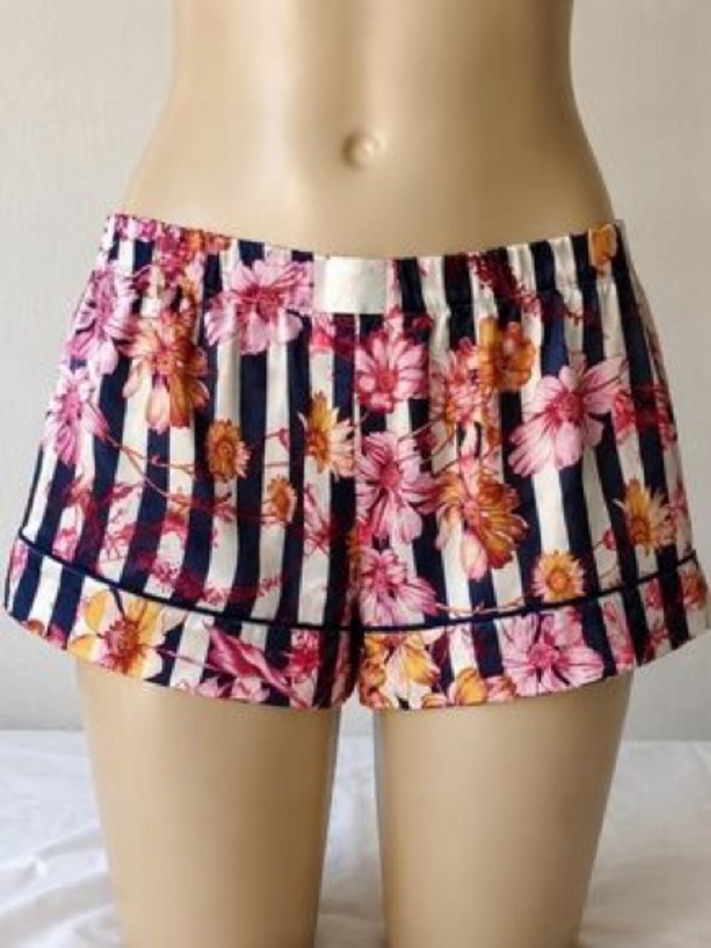 Victorias Secret Navy and White Striped Floral Satin Sleep Shorts Size Large